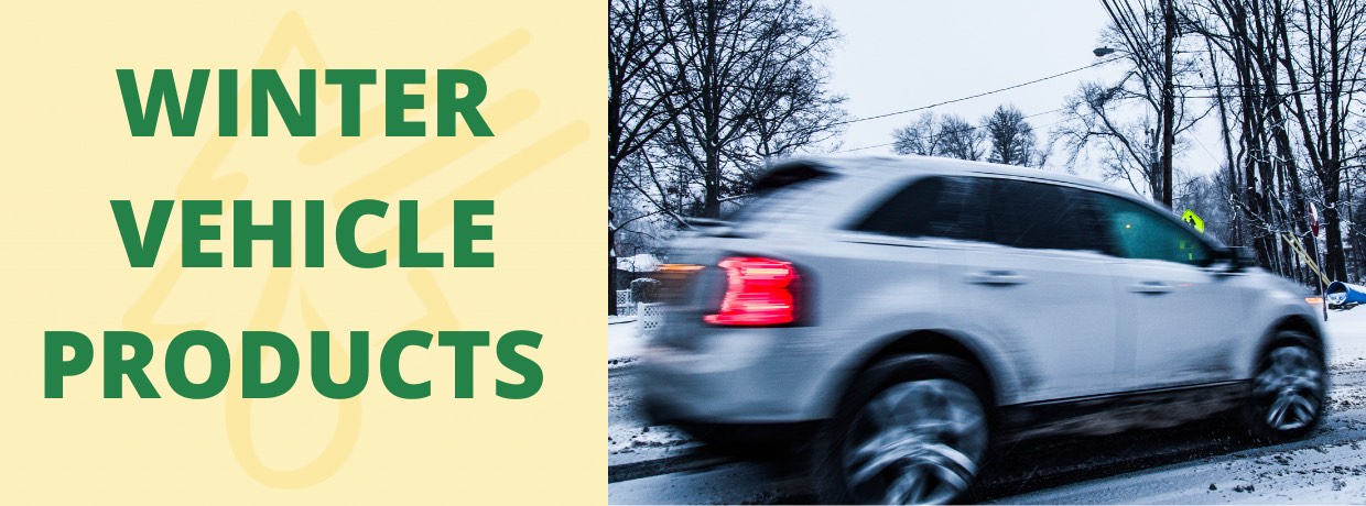 winter vehicle banner with car on snowy road and text winter vehicle products